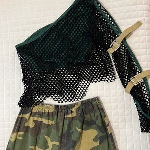 Camo outfit, on shoulder top with mesh overlay and cropped pants, L